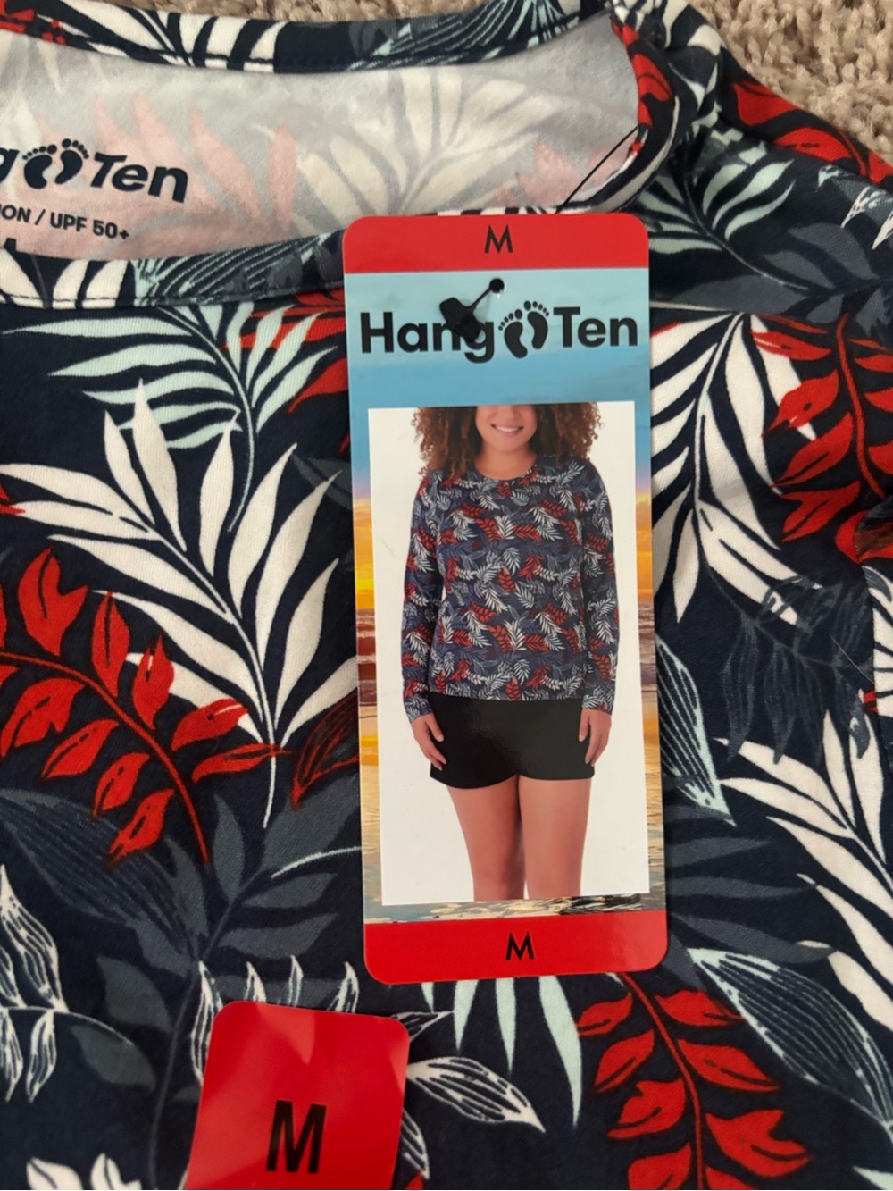 Hang Ten Navy Crewneck Sweater with Red & White Tropical Leaves upf protect
